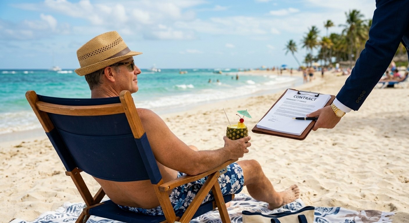 A relaxed investor on a Punta Cana beach reviewing a real estate contract handed over by his lawyer